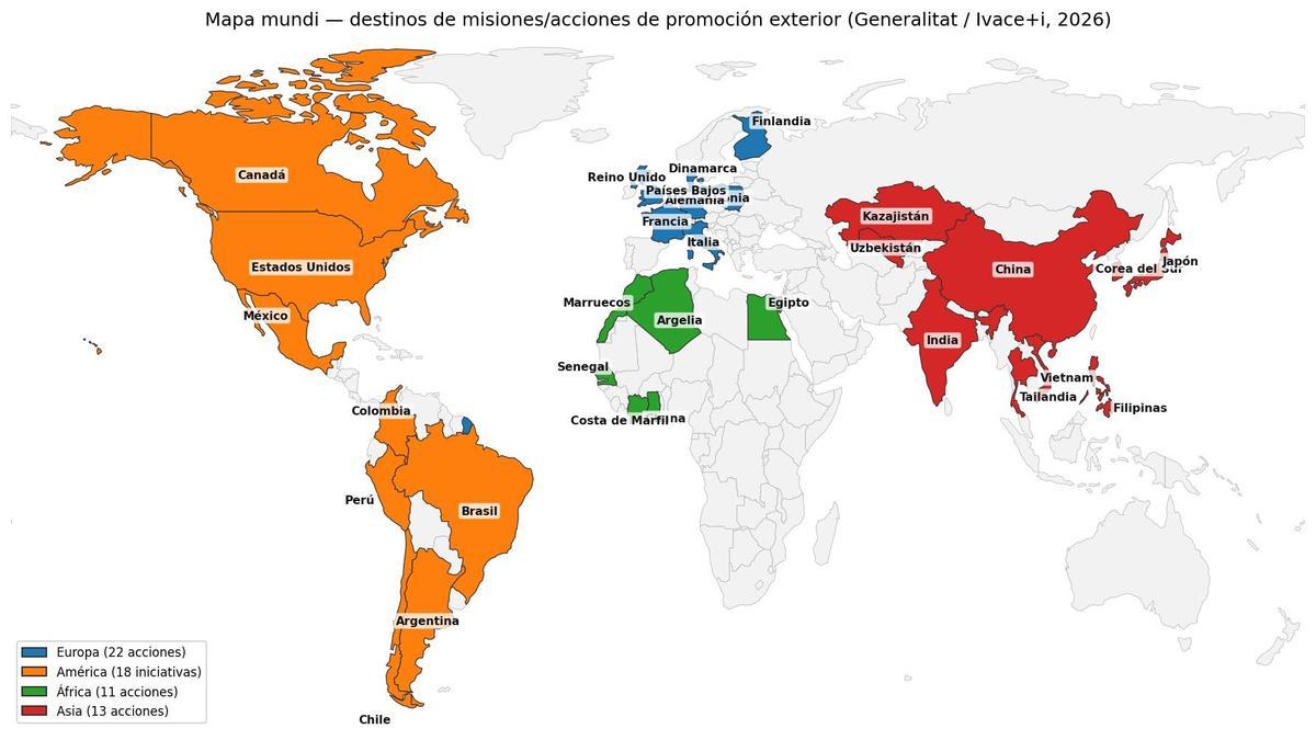 Mapa mundi de los destinos del Plan de Internacionalización de la Comunidad Valenciana 2026.