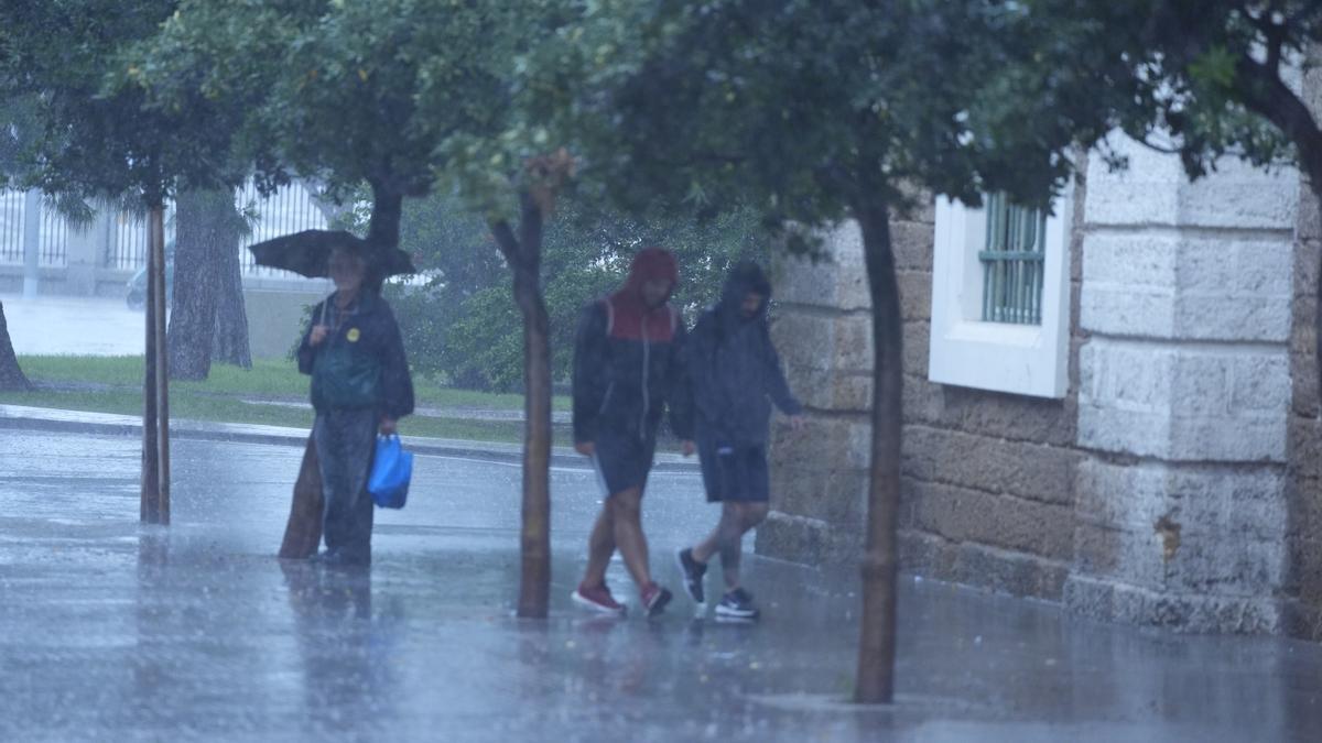 Transeuntes bajo sus paraguas durante la intensa lluvia.