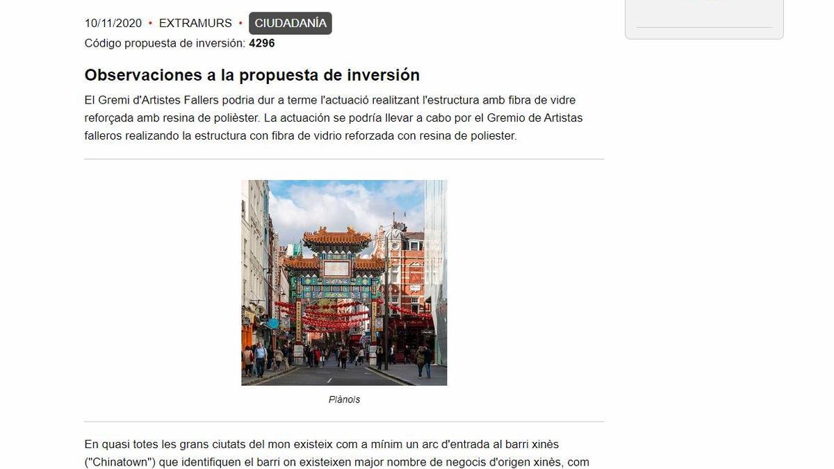 Captura de la propuesta ganadora para instalar los arcos chinos en el Barrio de Pelayo