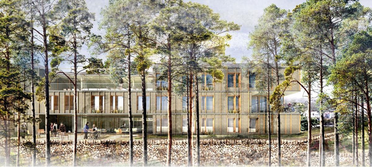 Recreación del aspecto final de la residencia, en una vista desde el bosque de Bellver, según el diseño de los arquitectos Toni Montes y Laia Isern