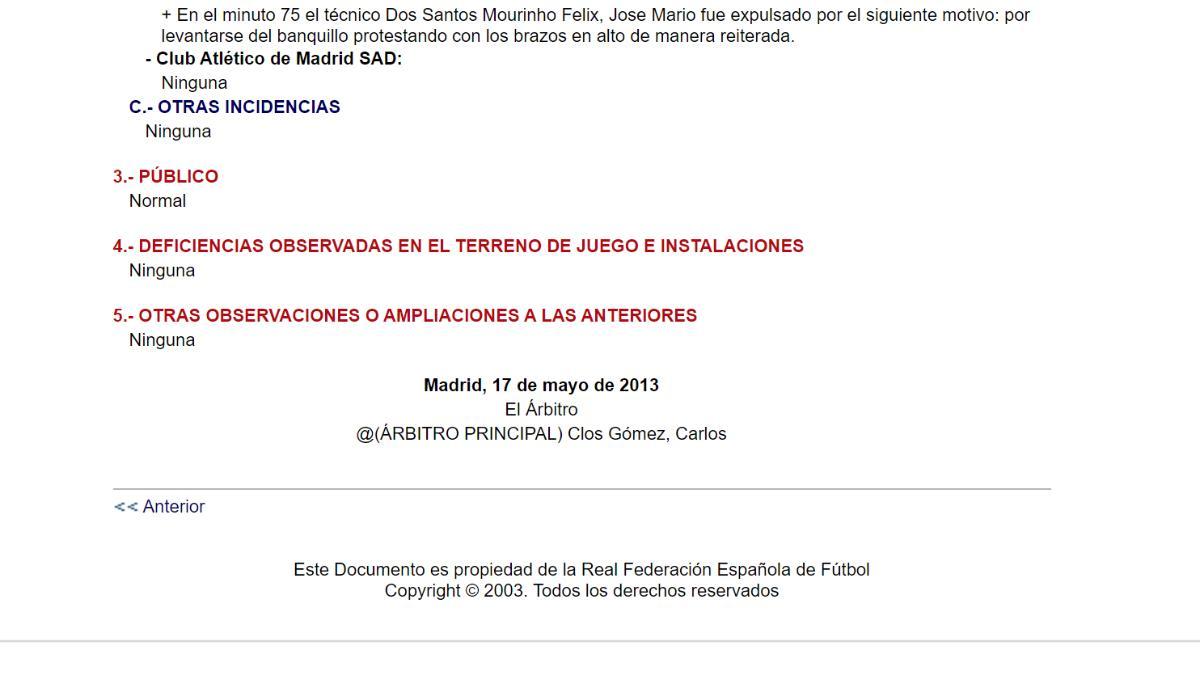 Fragmento del acta arbitral de Clos Gómez de la final de la Copa del Rey 2012/23