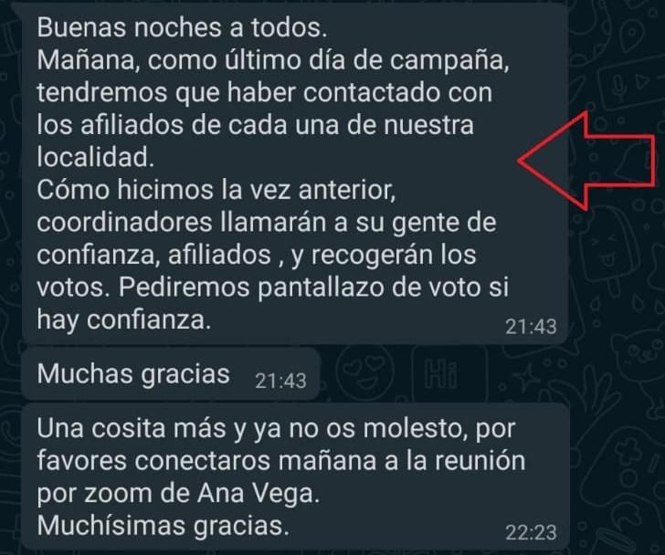 Pantallazo de un grupo de whatsapp, donde una componente de la candidatura de Ana Vega  reconoce que en las anteriores primarias hubo coordinadores que llamaron a afiliados, y ahora pide que vuelvan a repetir este comportamiento.