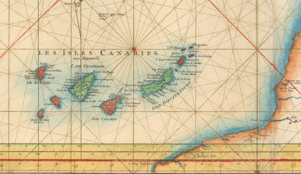 Detalle de la carta de Jacques-Nicolas Bellin de 1753, con el foco en Canarias y la costa africana.