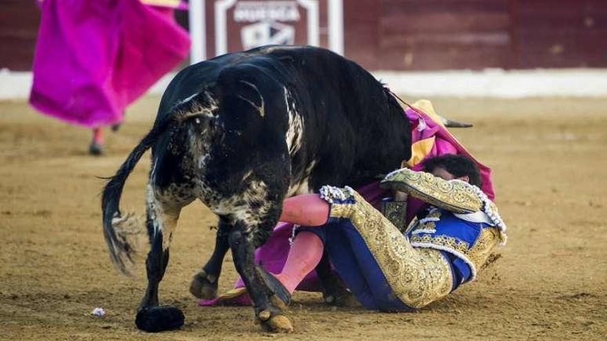 Instante en el que el toro coge al torero Francisco Rivera.