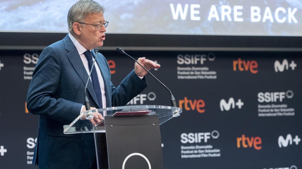 El president de la Generalitat valenciana, Ximo Puig, interviene durante la presentación de la reapertura de los estudios de Ciudad de la Luz en el LXX Festival de Cine de San Sebastián