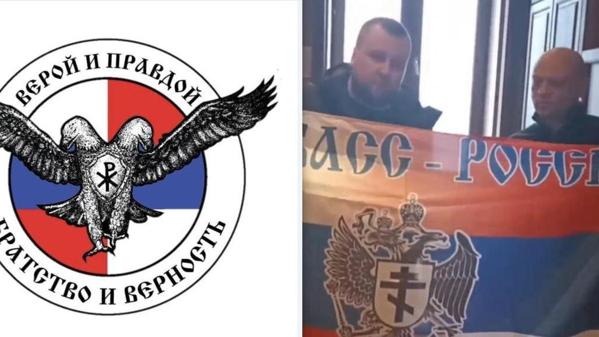 Escudo del nuevo centro de Wagner y la formación ultra serbia Águilas. A la derecha, el líder de Águilas, Alexander Lysov.