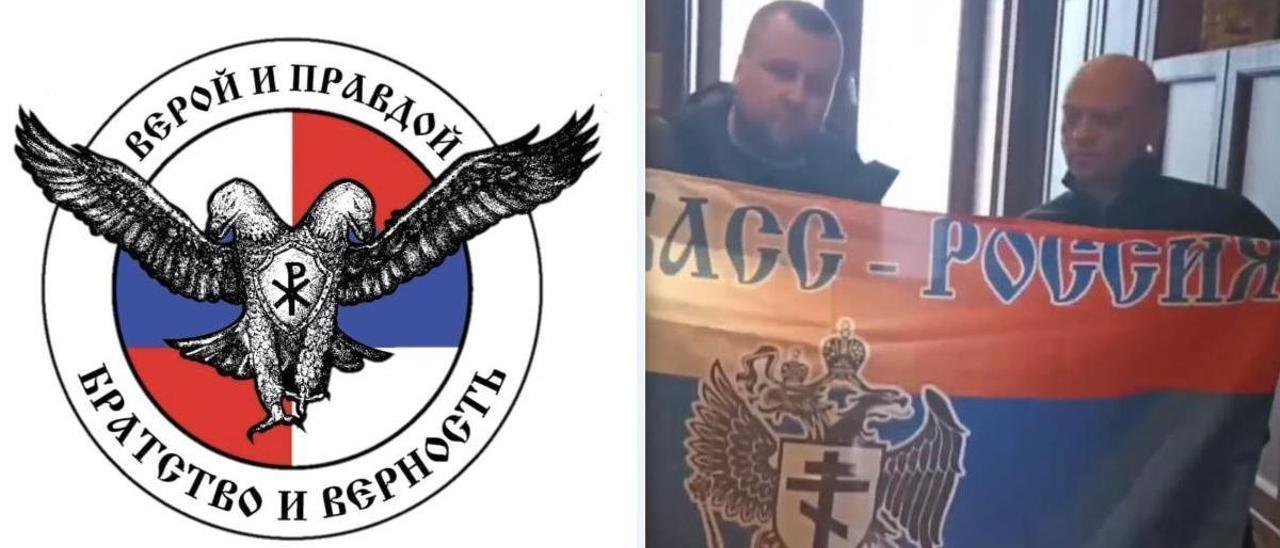 Escudo del nuevo centro de Wagner y la formación ultra serbia Águilas. A la derecha, el líder de Águilas, Alexander Lysov.