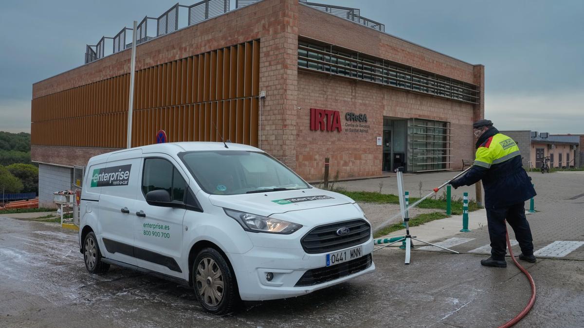 Desinfección de un vehículo a la salida del Centro de Investigación en Sanidad Animal donde se llevan las muestras de jabalís encontrados cartel para certificar la presencia de la peste porcina.