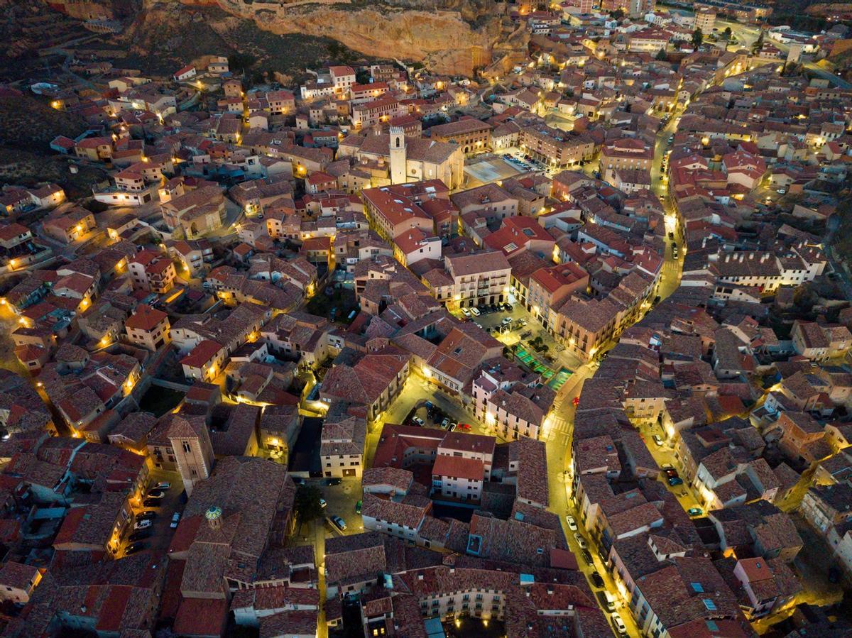 Vista aérea de Daroca al atardecer.