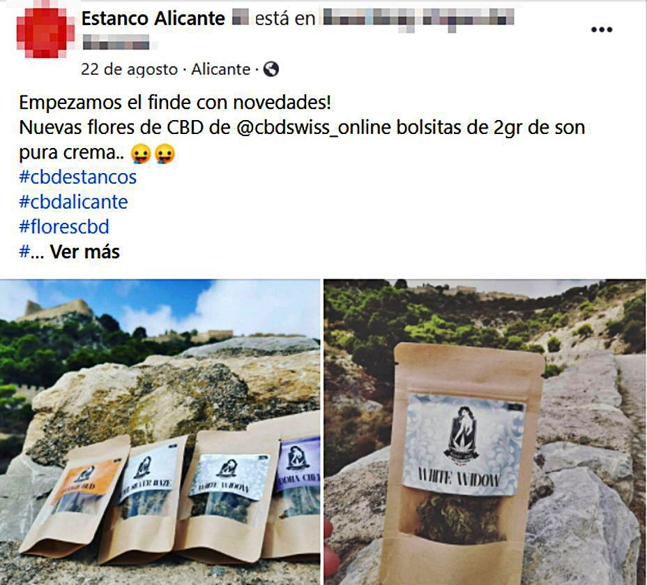 Imágenes de la web de uno de los estancos de la provincia de Alicante que vendía cogollos y hachís de CBD hasta el pasado viernes. | INFORMACIÓN