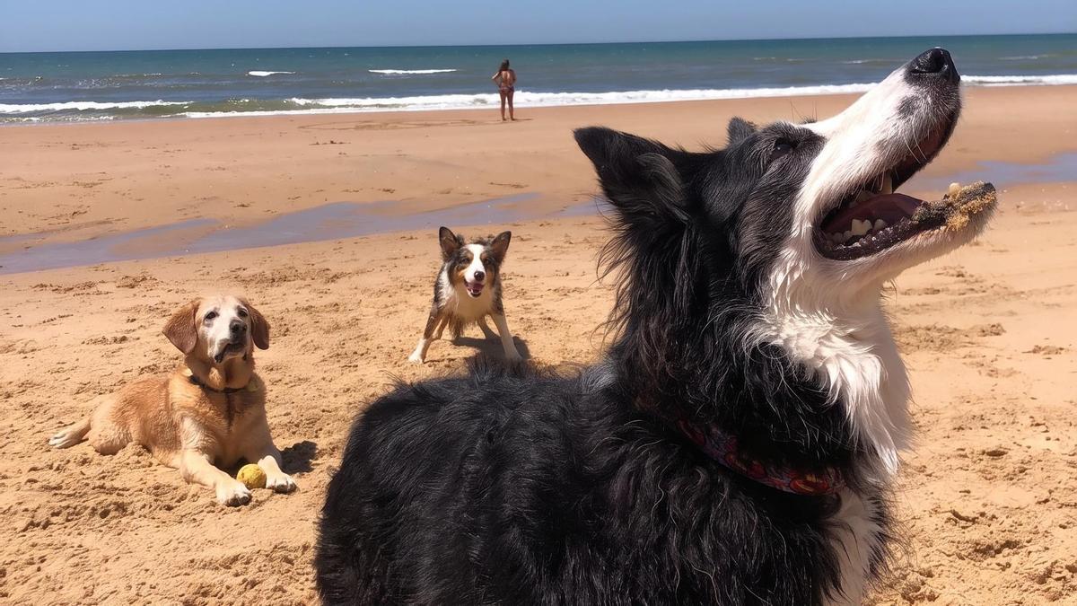 Varios perros juegan en la playa.