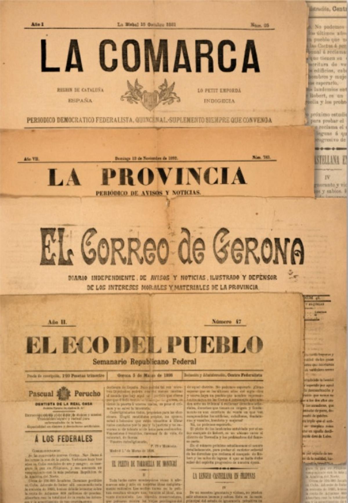 Capçaleres diverses de diaris gironins de fa dos segles.