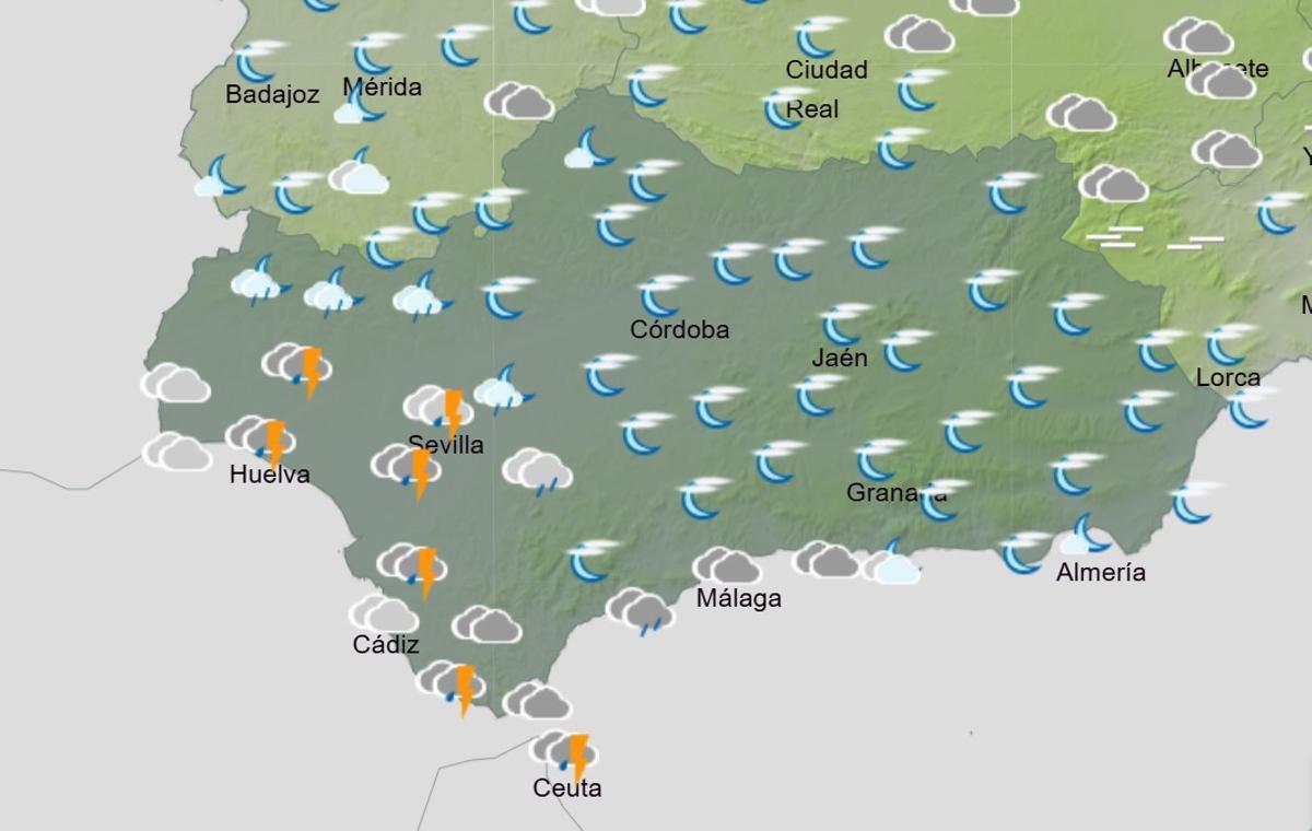 Previsión en Andalucía el martes a las 20.00 horas.