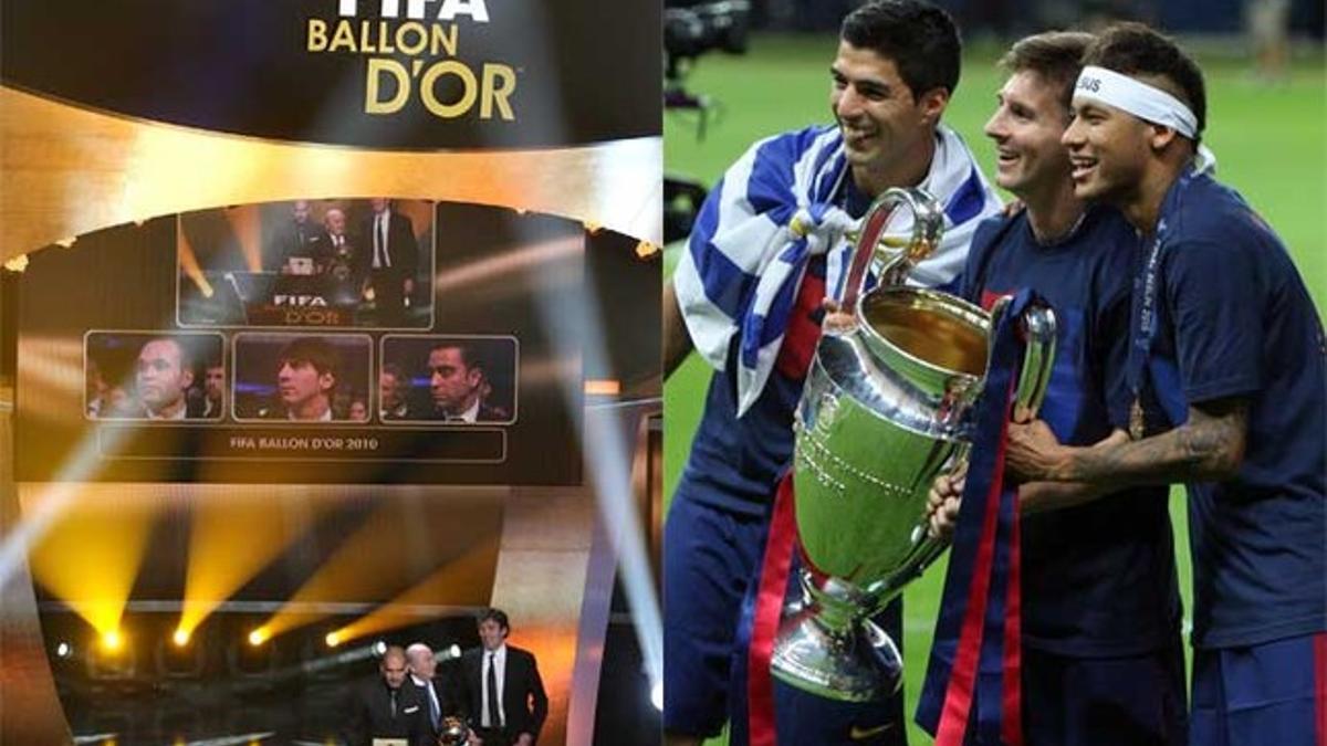 En la imagen de la izquierda, un momento de la gala del Balón de Oro 2010; en la de la derecha, celebración de los jugadores del Barça de la Champions League 2014-15