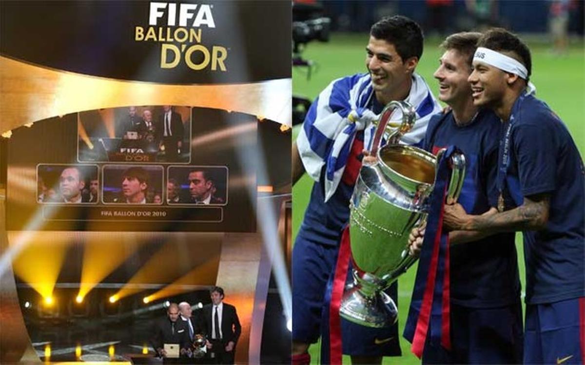 En la imagen de la izquierda, un momento de la gala del Balón de Oro 2010; en la de la derecha, celebración de los jugadores del Barça de la Champions League 2014-15
