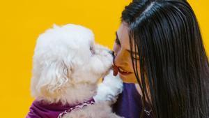 Un caniche lame a su dueña.