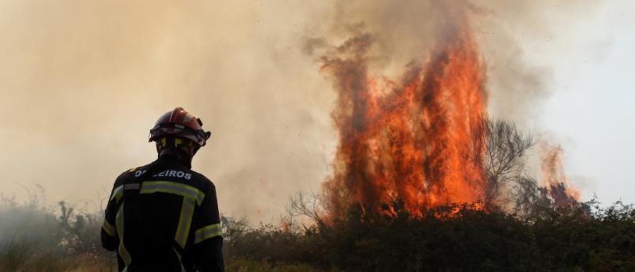 Un bombero en las tareas de extinción del incendio de A Cañiza. |  // ANXO GUTIÉRREZ