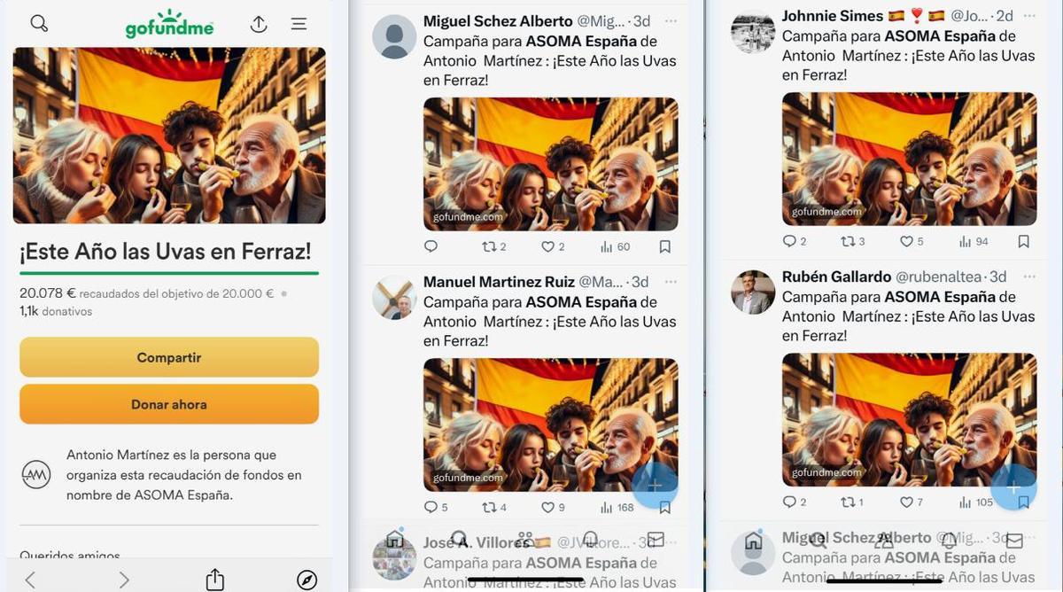 La campaña de recogida de fondos para Uvas en Ferraz y algunos mensajes de su repique literal en la red social X