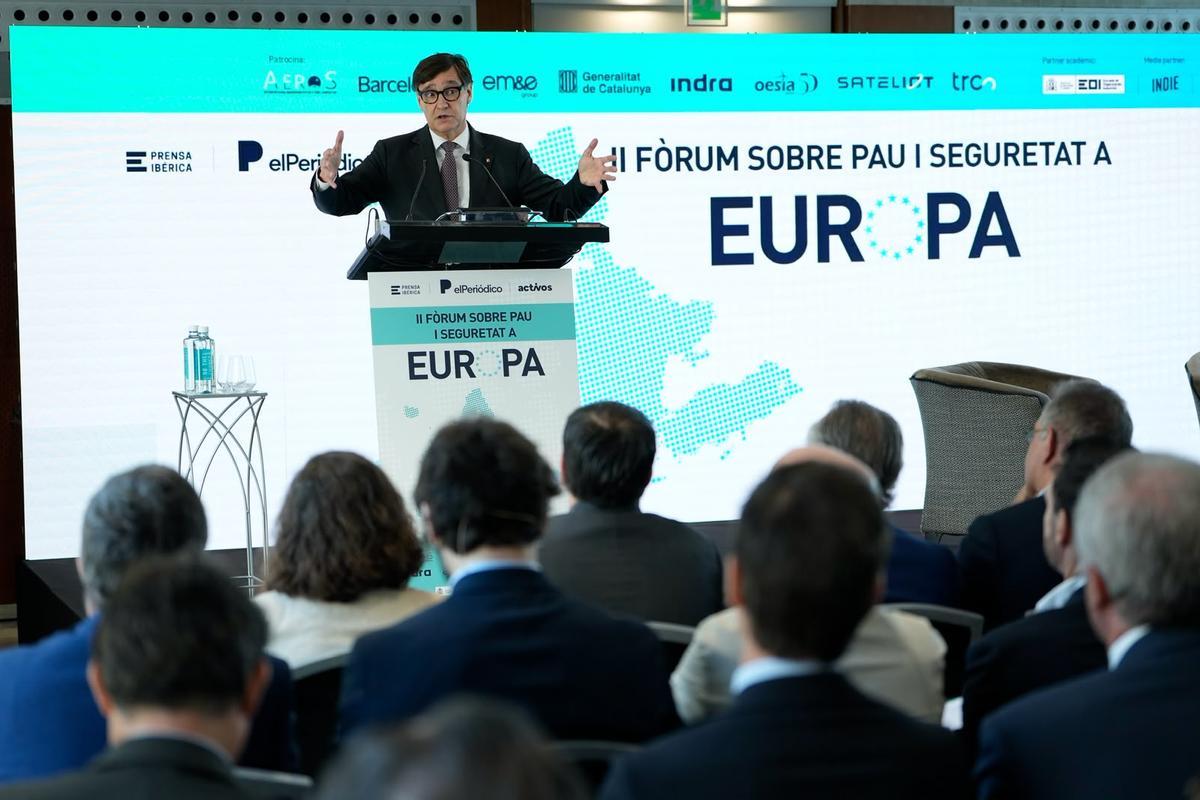 El president de la Generalitat, Salvador Illa, en la inauguración del II Foro Prensa Ibérica sobre paz y seguridad en Europa