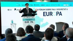 El president de la Generalitat, Salvador Illa, en la inauguración del II Foro Prensa Ibérica sobre paz y seguridad en Europa