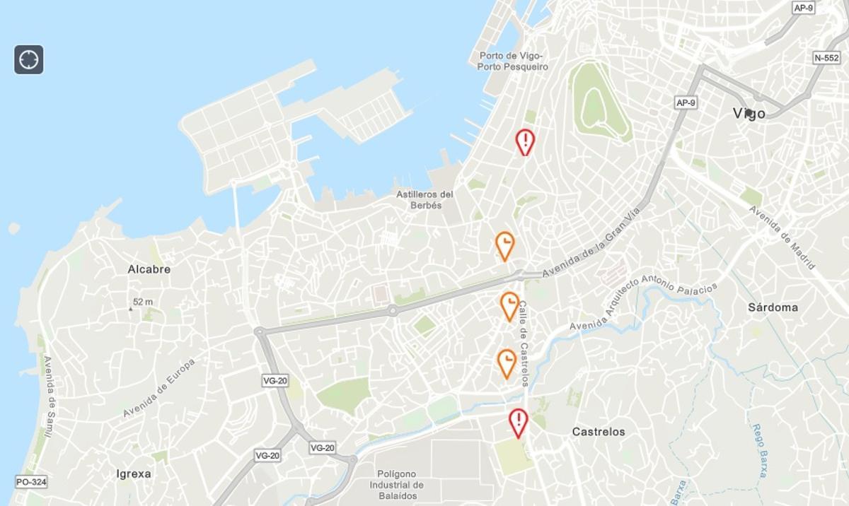 Los puntos afectados por la avería registrada en la subestación eléctrica de Balaídos este mediodía.