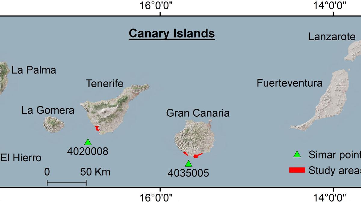 Áreas de estudio general (marcado en rojo) de los temporales marinos en Gran Canaria y Tenerife.