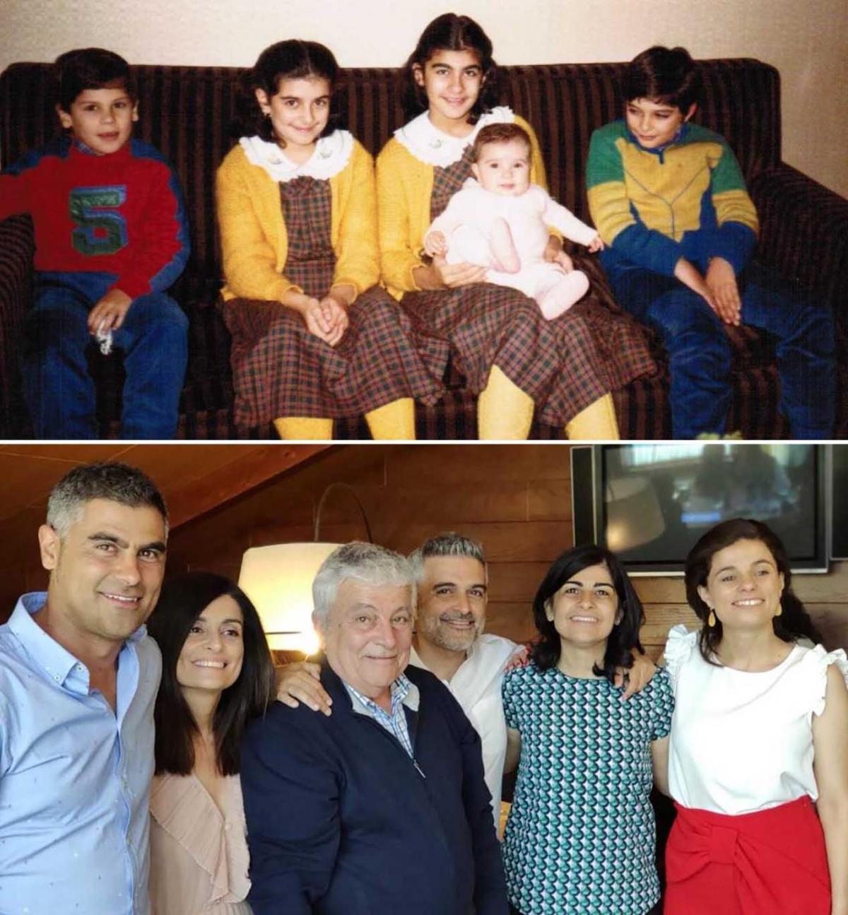 Arriba, los cinco hijos de Antonio en la época en la que se quedó viudo; abajo, una foto reciente de padre e hijos juntos