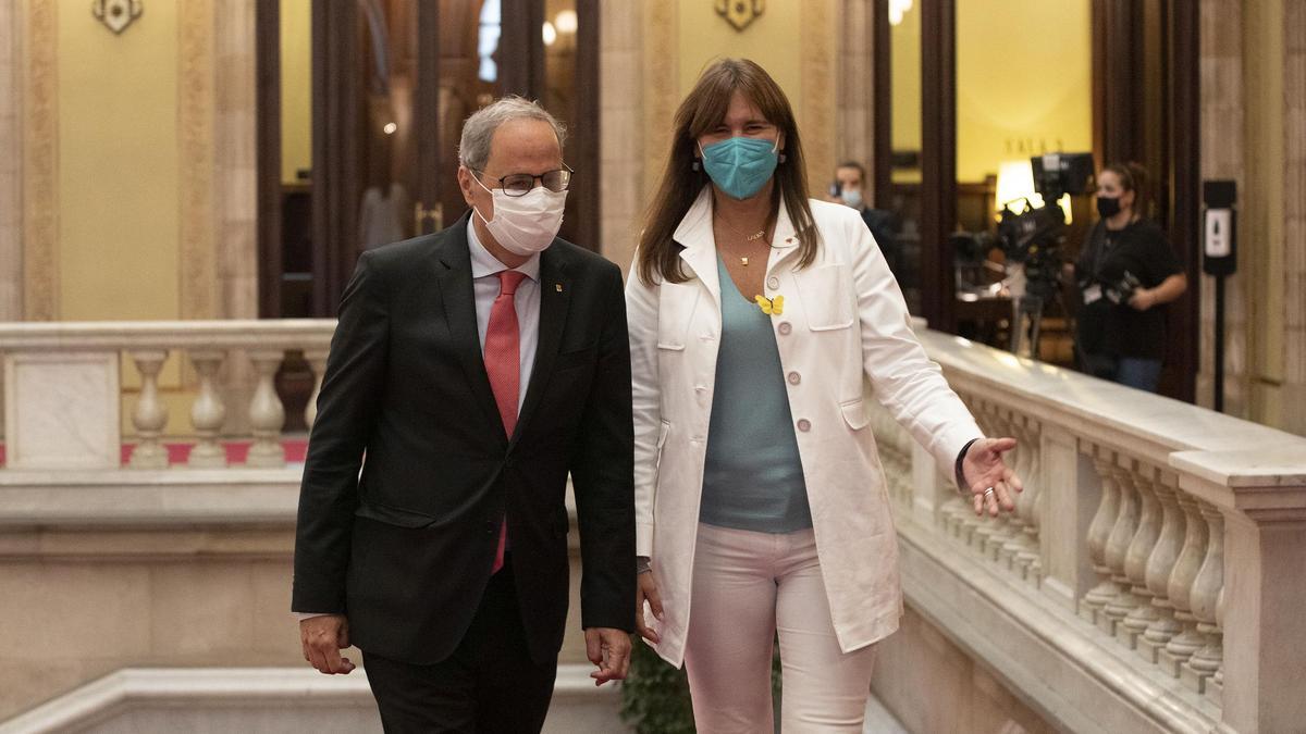 Barcelona 28/09/2021 Política. La Presidenta del Parlament Laura Borras recibe a Quim Torra en el Parlament FOTO de FERRAN NADEU