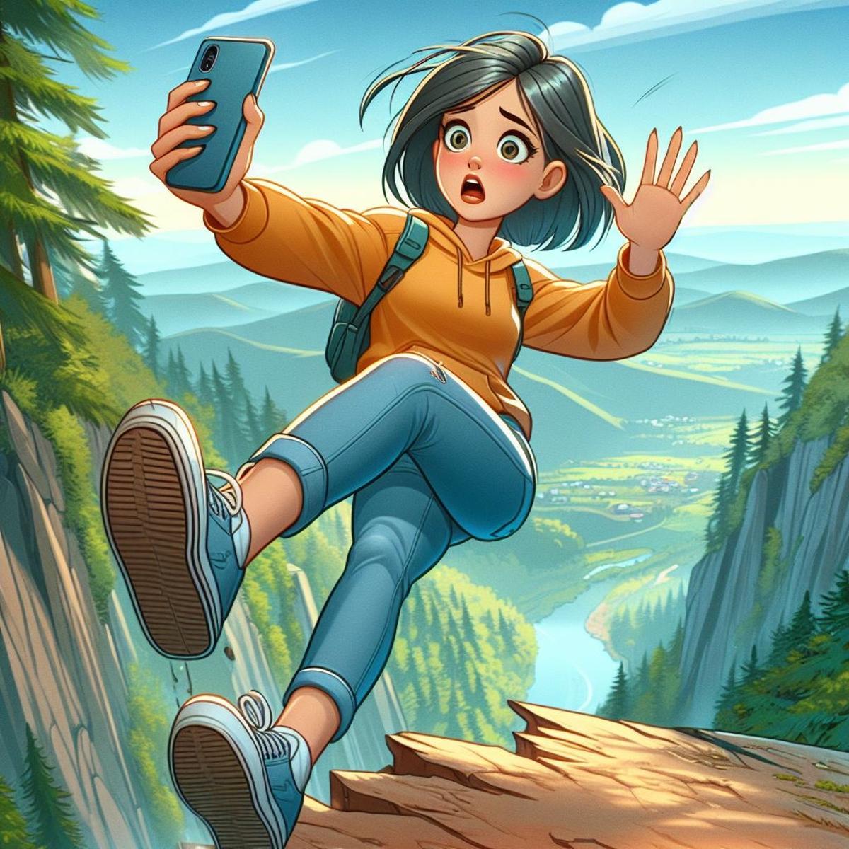 Dibujo de una joven cayéndose por un acantilado al hacerse un selfie