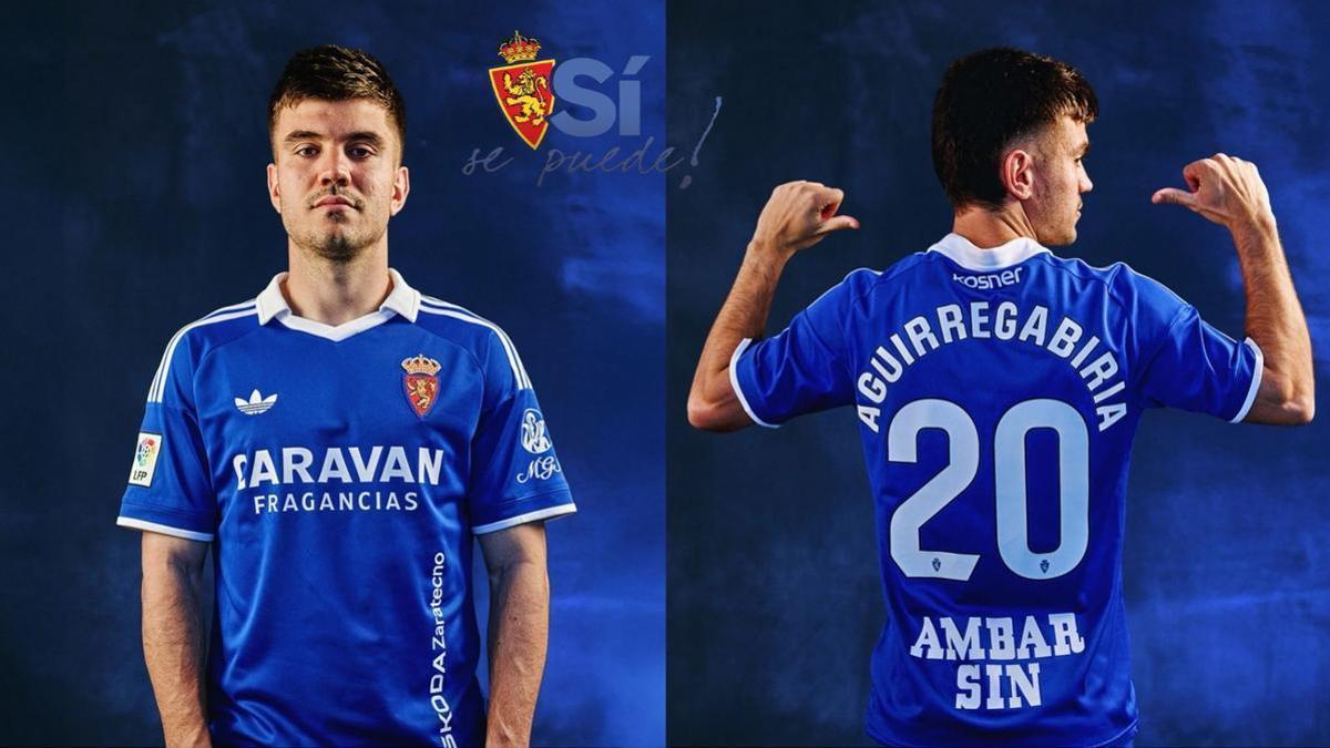 Aguirregabiria, con la camiseta que lucirá el Zaragoza el sábado en la jornada retro.