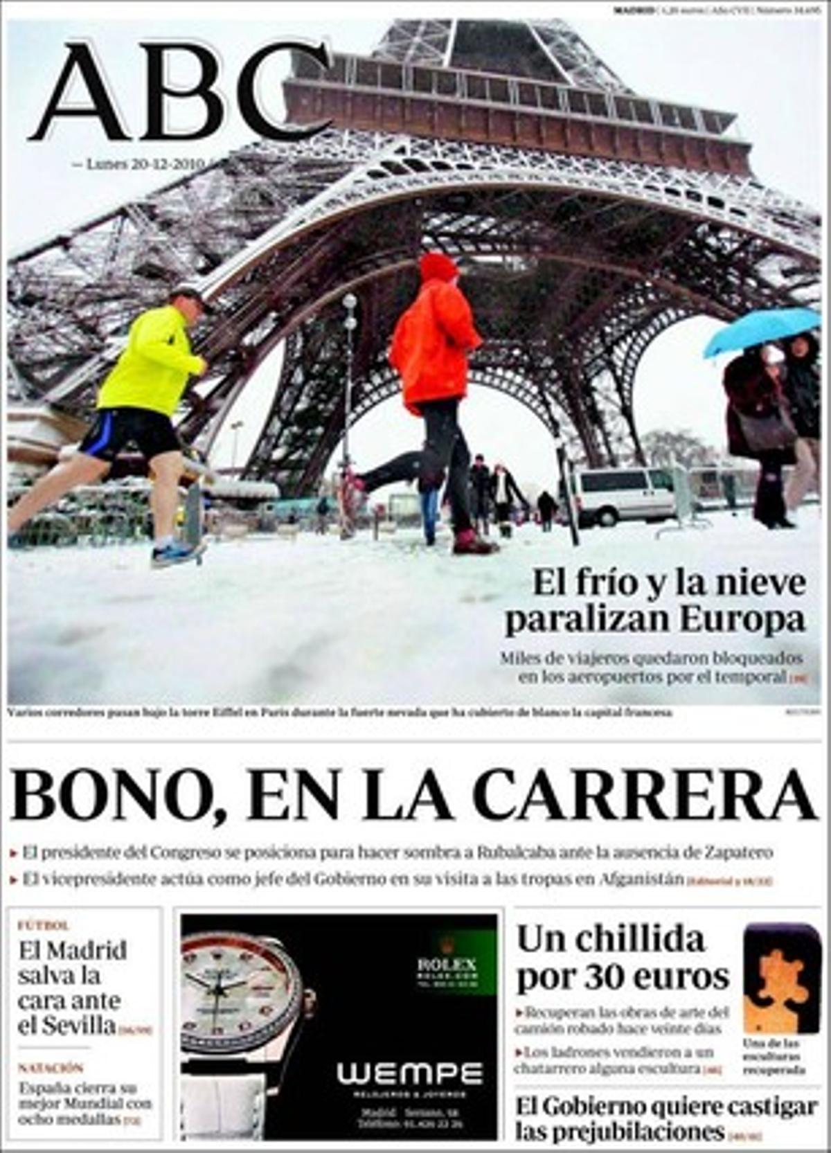 ’Abc’ realça a dins que el Govern vol que les empreses paguin més per les prejubilacions; entrevista Javier Gómez Navarro --És impossible canviar el model de les Cambres en menys de dos anys--, i explica que s’han recuperat totes les obres d’art robades en un polígon de Getafe el 27 de novembre passat.