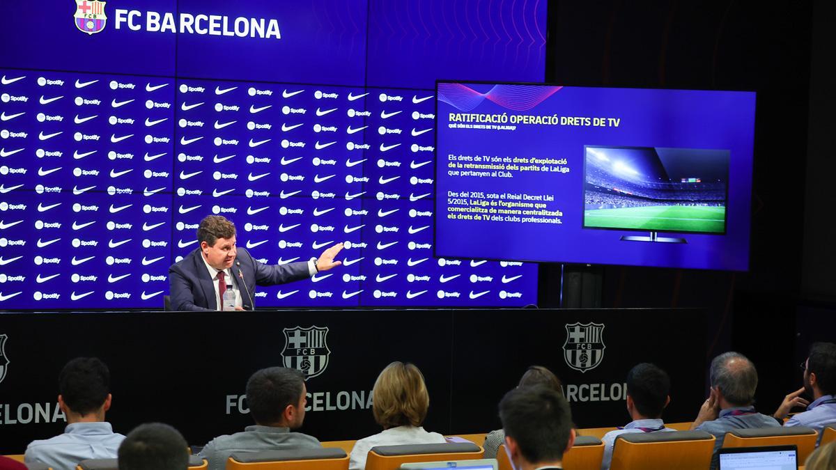 Eduard Romeu, vicepresidente económico del FC Barcelona, en un momento de la presentación de la liquidación del ejercicio económico correspondiente a la temporada 2021-22