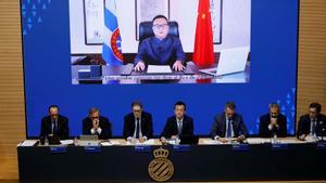 Mensaje telemático de Chen durante la pasada junta ordinaria de accionistas del Espanyol, celebrada el pasado diciembre.