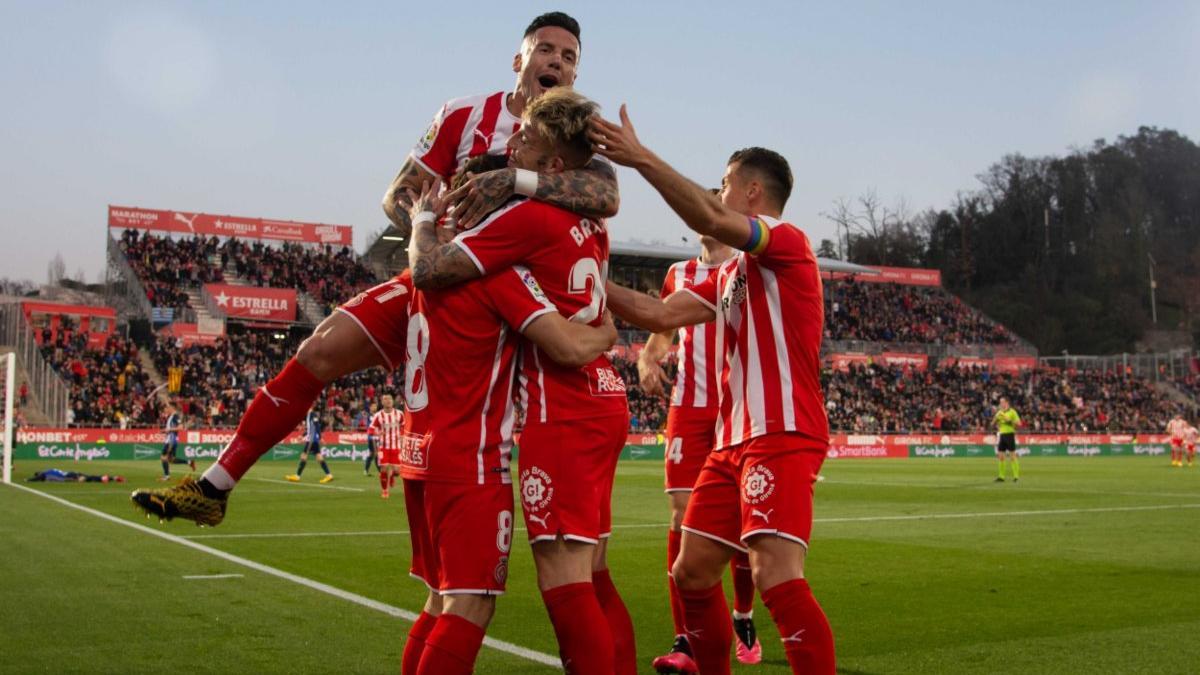 Los jugadores del Girona celebran un gol ante el Ponferradina en Montilivi