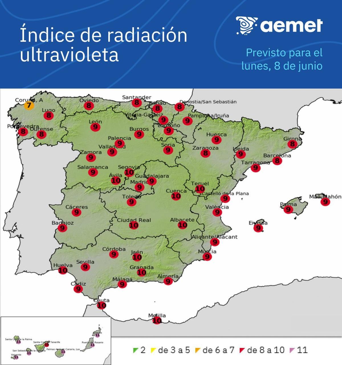 Índice de radiación ultravioleta previsto por la Aemet para hoy lunes, 8 de junio.