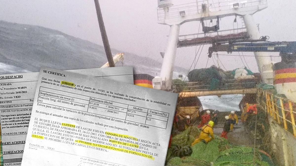 Trabajos en cubierta del «Villa de Pitanxo», en una marea anterior al naufragio. En primer plano, documentos de la investigación