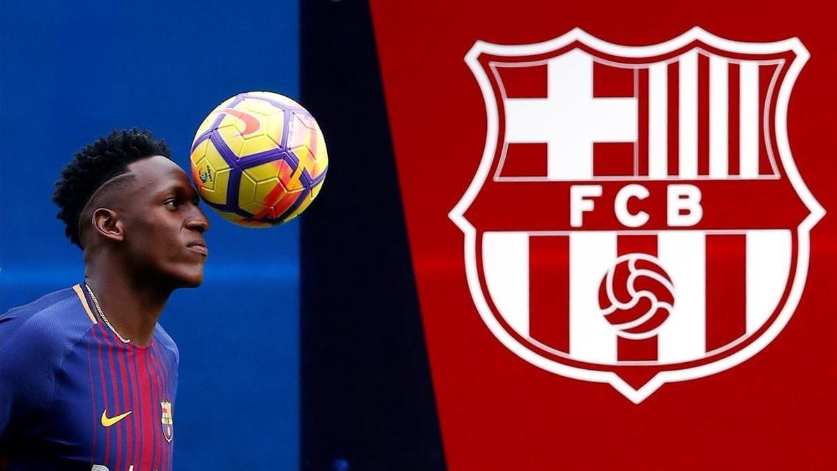 Yerry Mina durante su presentación en el Camp Nou.