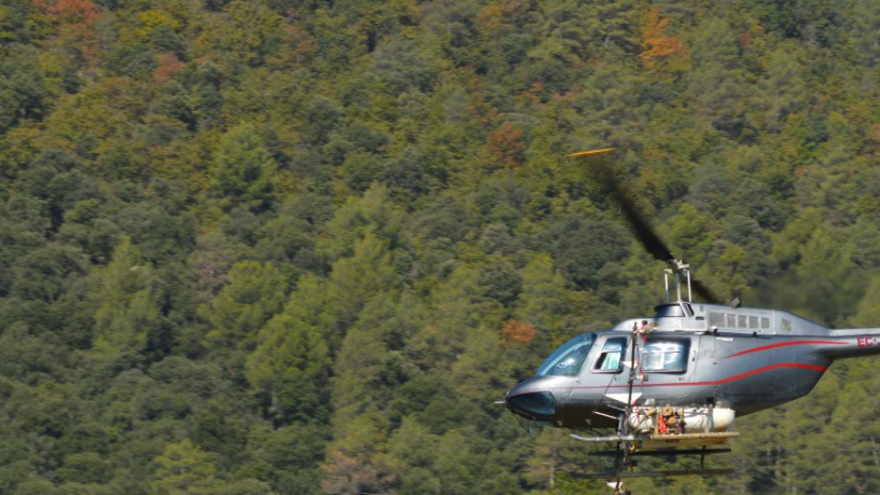 Un helicòpter fumigant boscos amb processionària en la campanya de l&#039;any passat