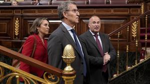 Alberto Núñez Feijóo junto a Cuca Gamarra y Miguel Tellado en el pleno de la aprobación final de la ley de amnistía.