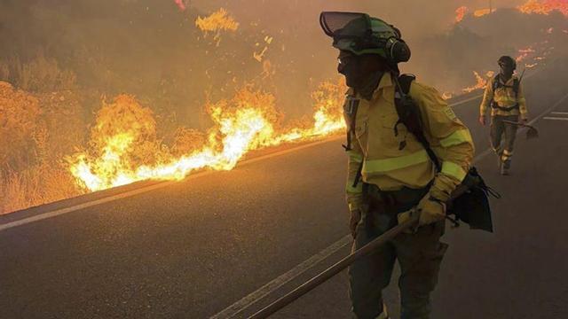 Dos bombers treballen en l’extinció de l’incendi, ahir a Los Gallardos. | EUROPA PRESS