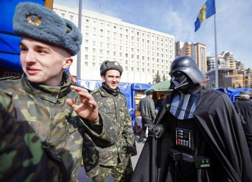 "Darth Vader", the leader of the Internet Party of Ukraine, talks with cadets during a rally in front of the Ukrainian Central Elections Commission in Kiev