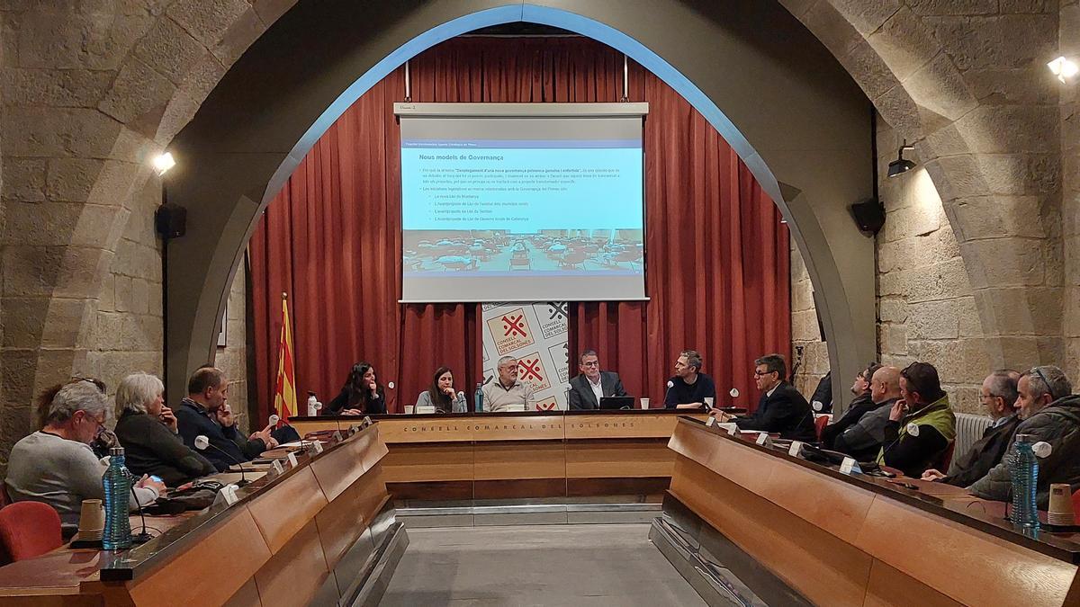 Els alcaldes del Solsonès reunits amb representants de Territori, ahir a la seu del Consell Comarcal