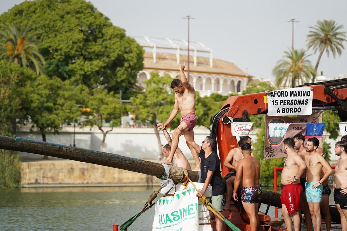 La 'cucaña', el juego centenario que regresa cada verano al río Guadalquivir por la Velá de Santa Ana en imágenes