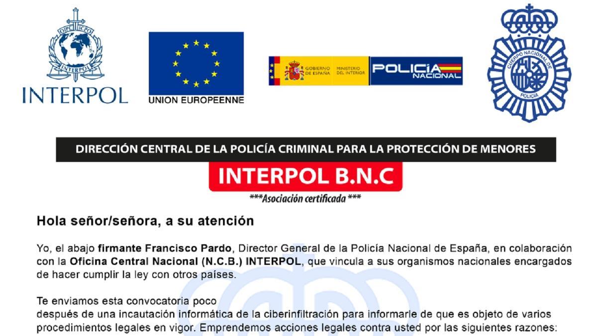 Estafa que parece muy real de la Interpol.