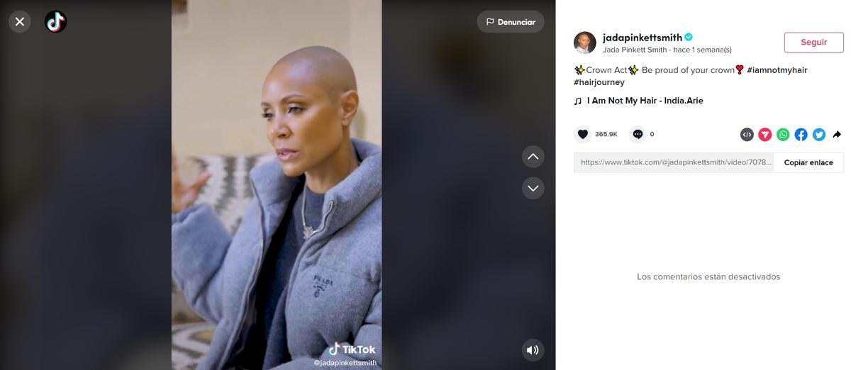 El vídeo de TikTok de Jada Pinket que ha sido eliminado.
