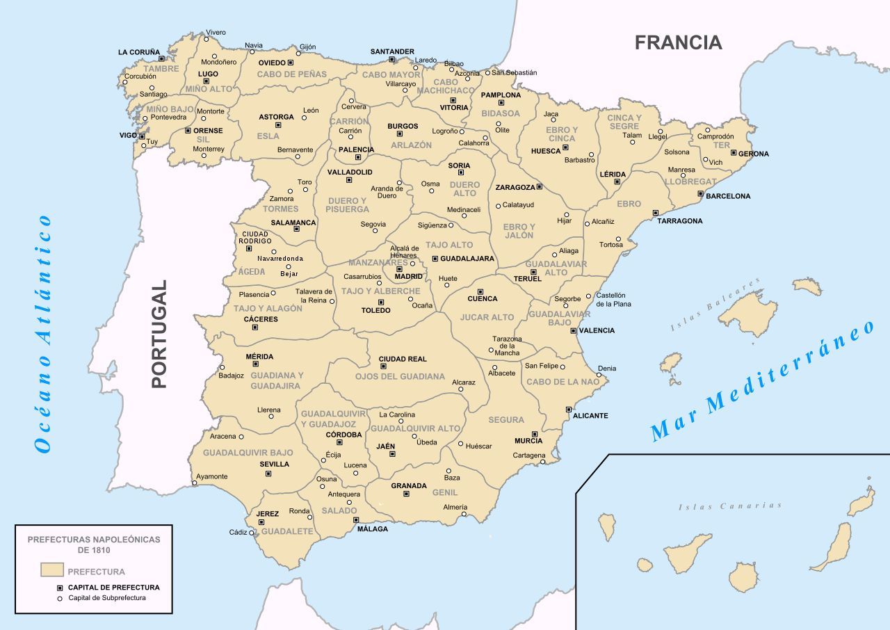 Mapa de la división por prefecturas propuesto durante la invasión francesa de España