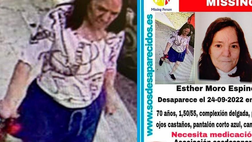 El cartel con la alerta de Esther Moro y, a la izquierda, su imagen captada por una cámara el día de su desaparición.