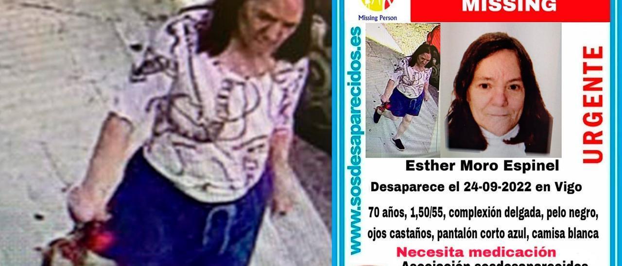 El cartel con la alerta de Esther Moro y, a la izquierda, su imagen captada por una cámara el día de su desaparición.