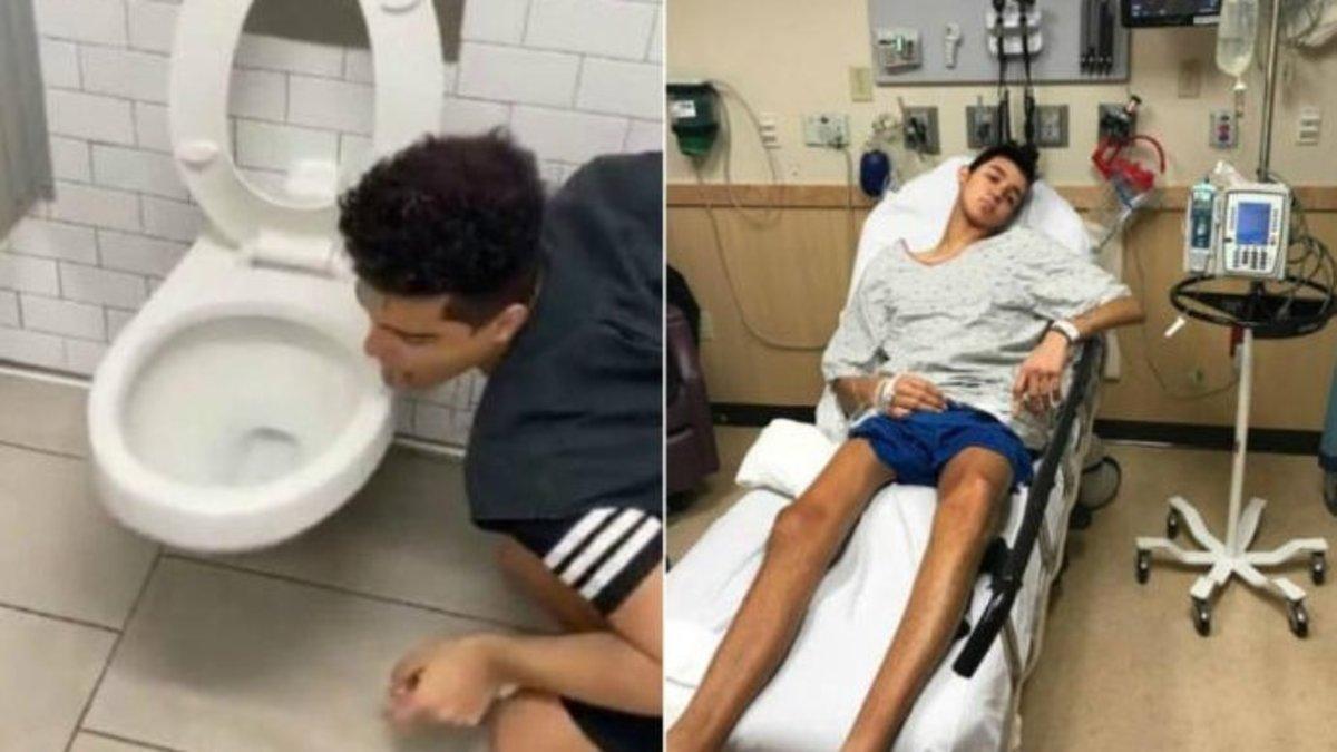 El 'influencer' estadounidense Larz lamiendo la tapa de un váter (izquierda) y, unos días después, hospitalizado por coronavirus