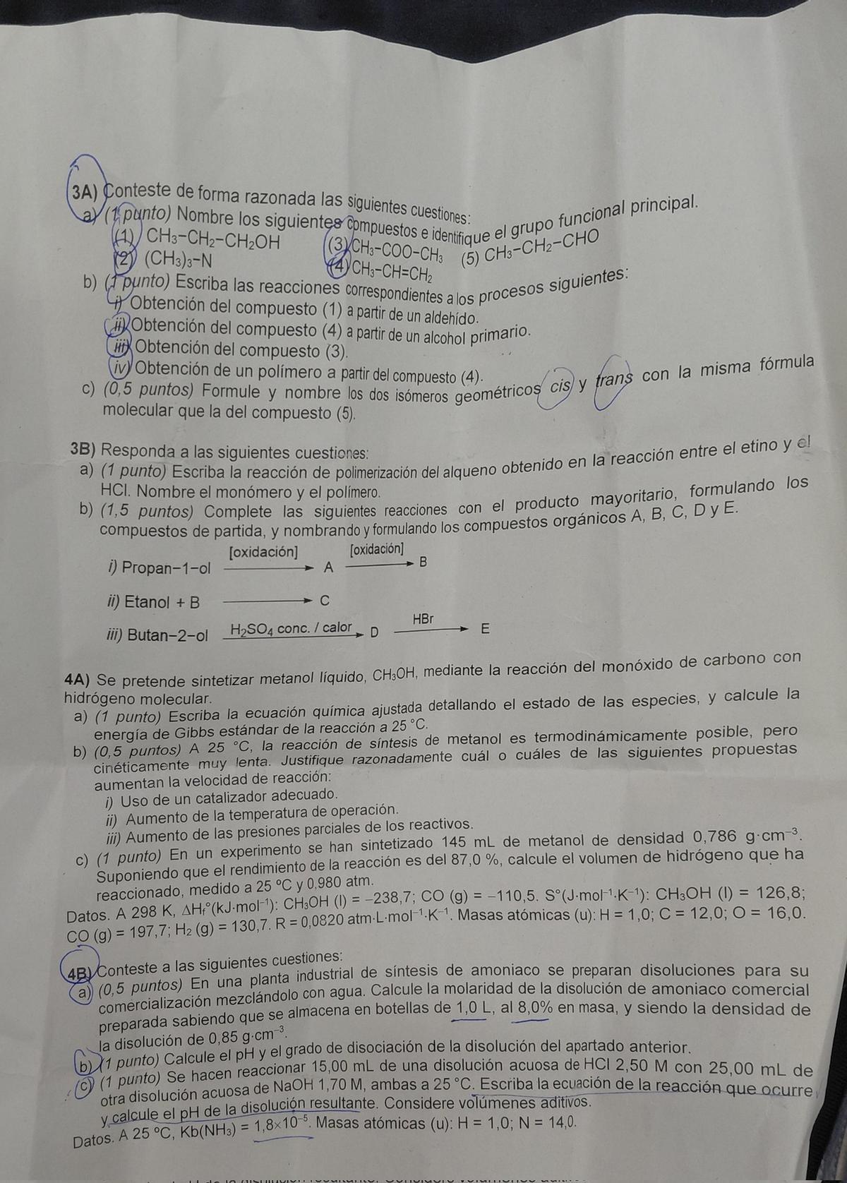 Examen de Química de la PAU 2026 de Madrid